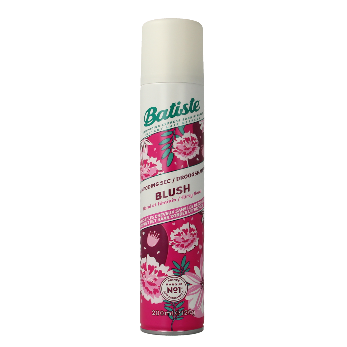 Batiste Blush Dry Shampoo 200ml bottle with pink label, designed for refreshing hair and absorbing oil.