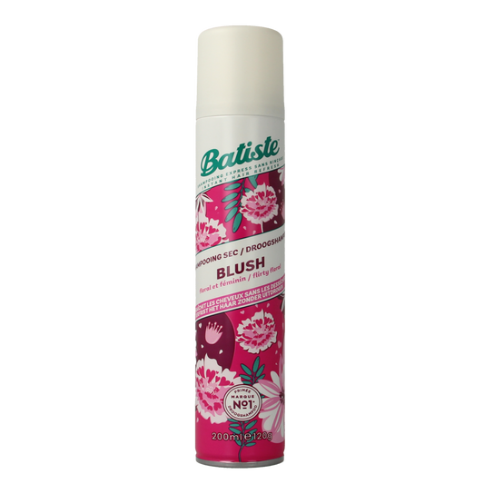 Batiste Blush Dry Shampoo 200ml bottle with pink label, designed for refreshing hair and absorbing oil.