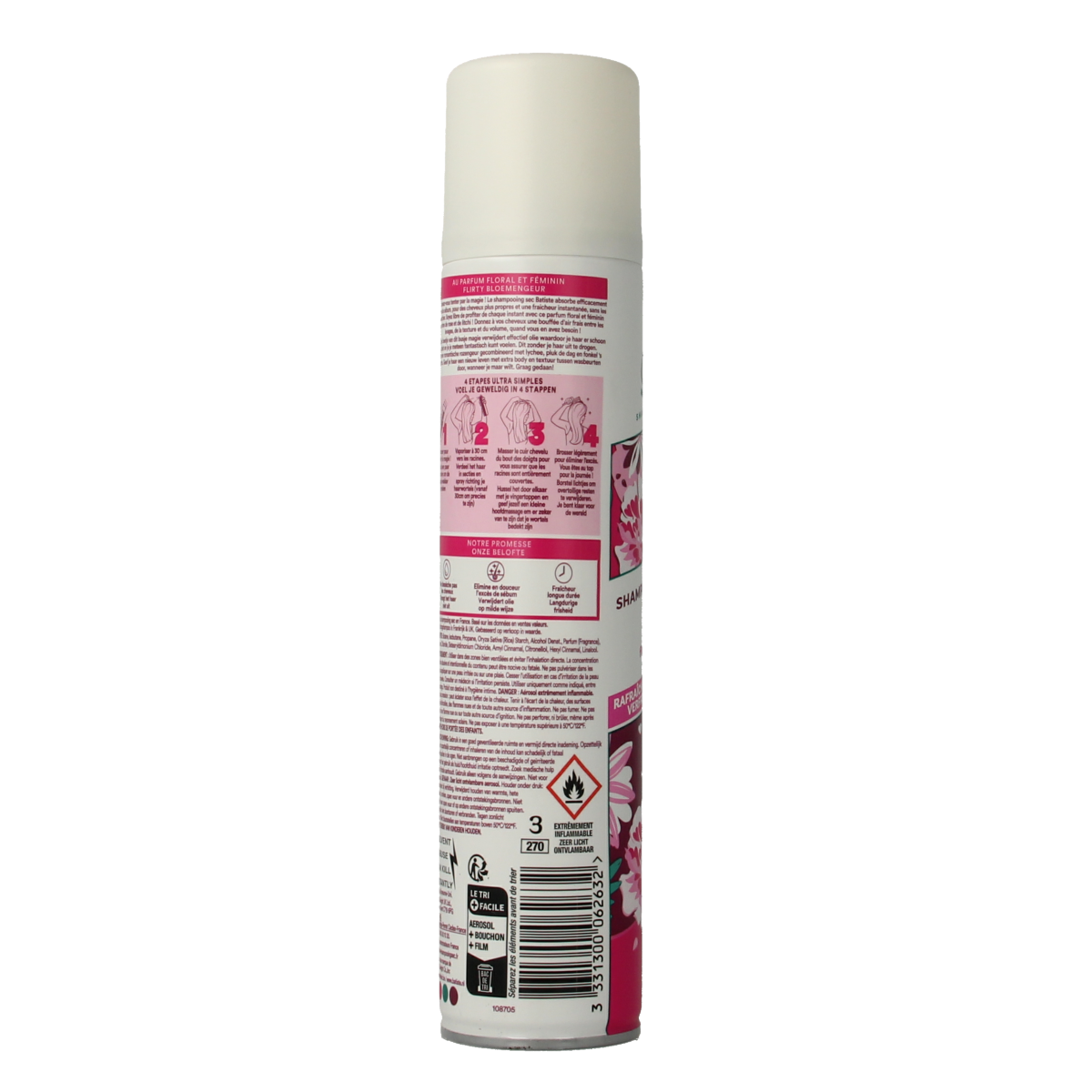 Batiste Blush Dry Shampoo bottle, 200ml, in pink packaging, for refreshing hair and absorbing oil.