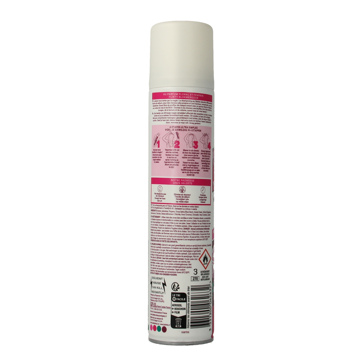Batiste Blush Dry Shampoo 200ml bottle, hair care product with pink label, designed to refresh and volumize hair.