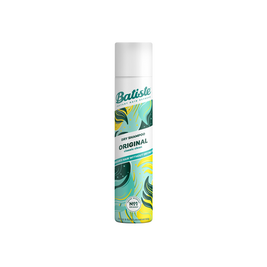 Batiste original dry shampoo bottle, 200ml, for fresh hair and oil absorption, with sleek packaging and brand logo visible.
