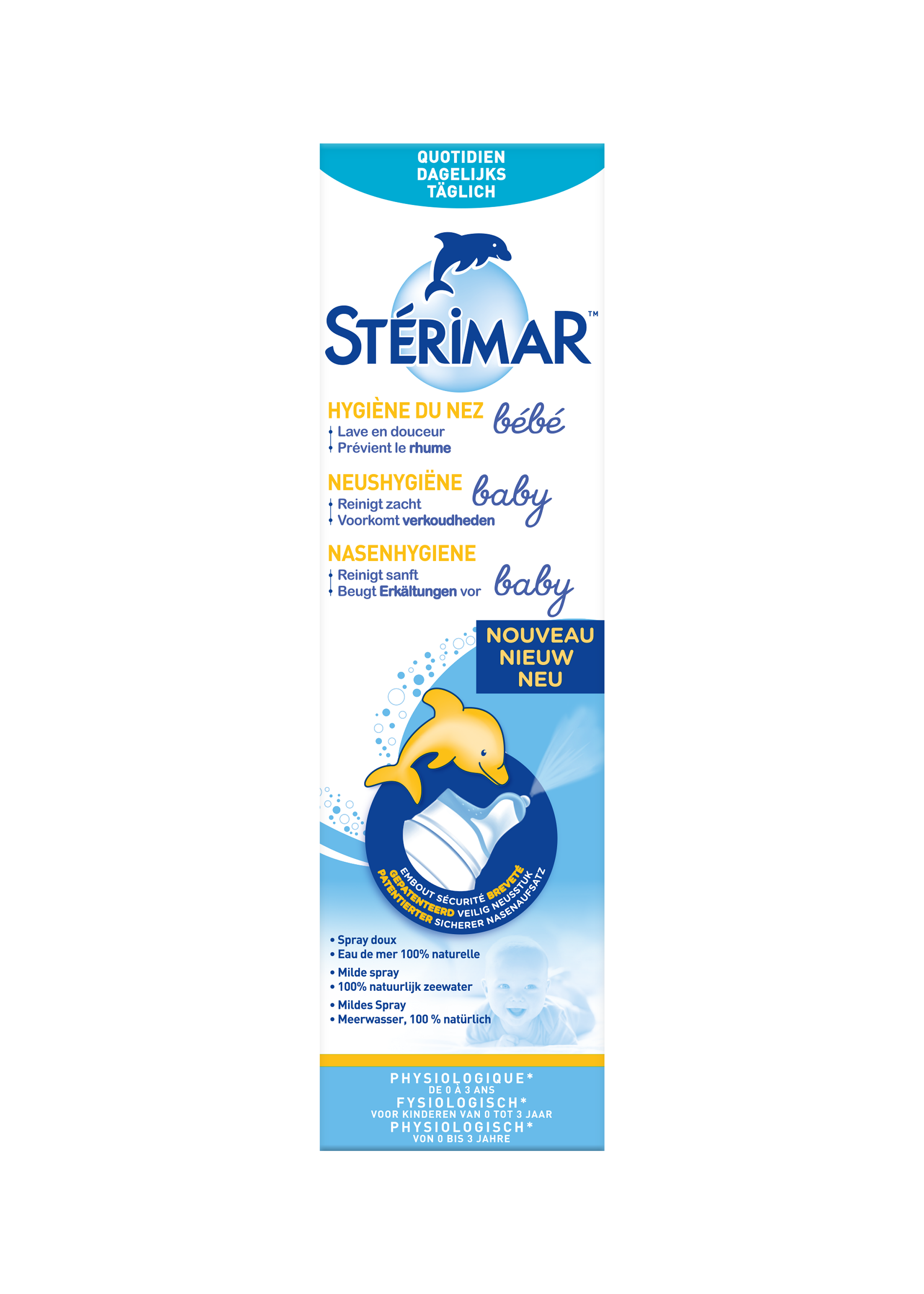 Sterimar Neushygiene baby nasal spray bottle, 100ml, for baby nasal care and inhalation, with a white and blue packaging design.