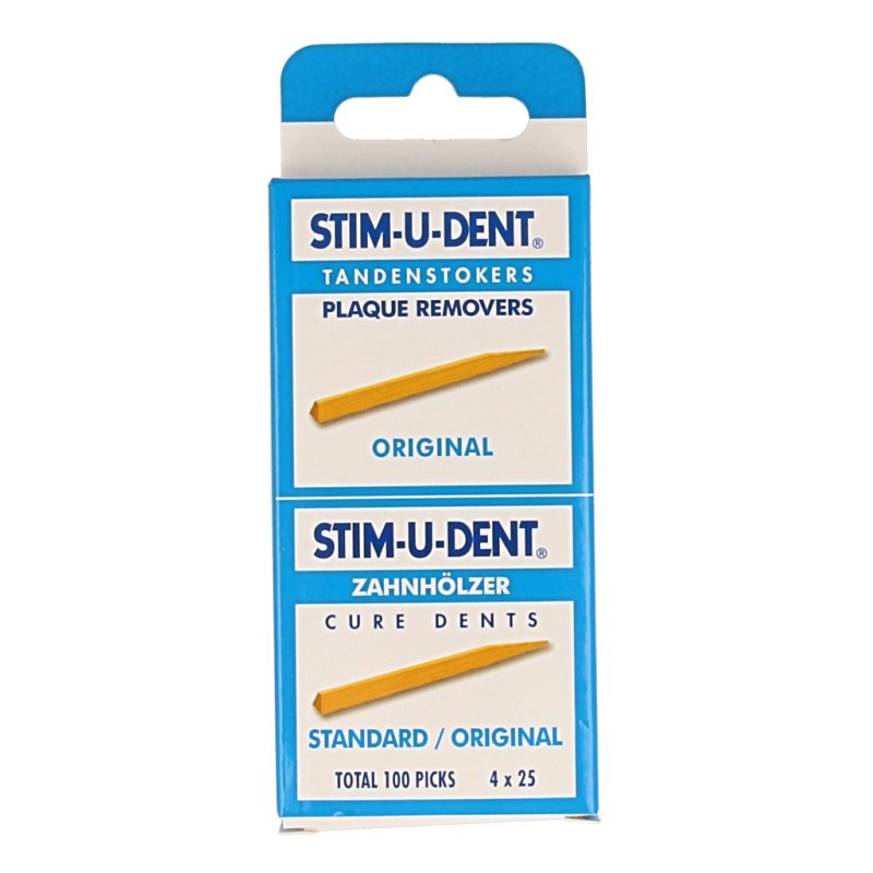 Stimudent Tandenstokers en Ragers, 4 x 25 stuks, dental floss picks with handle for oral hygiene, in packaging.