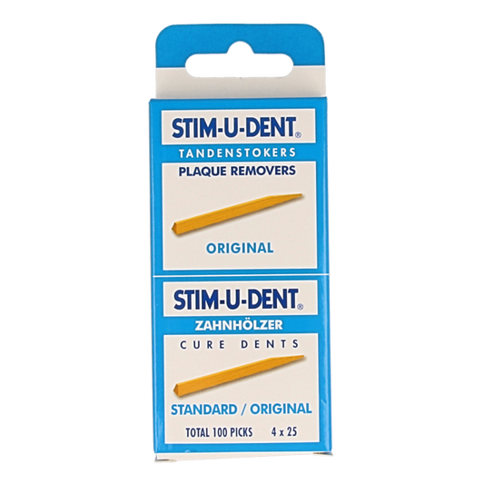 Stimudent Tandenstokers en Ragers, 4 x 25 stuks, dental floss picks with handle for oral hygiene, in packaging.