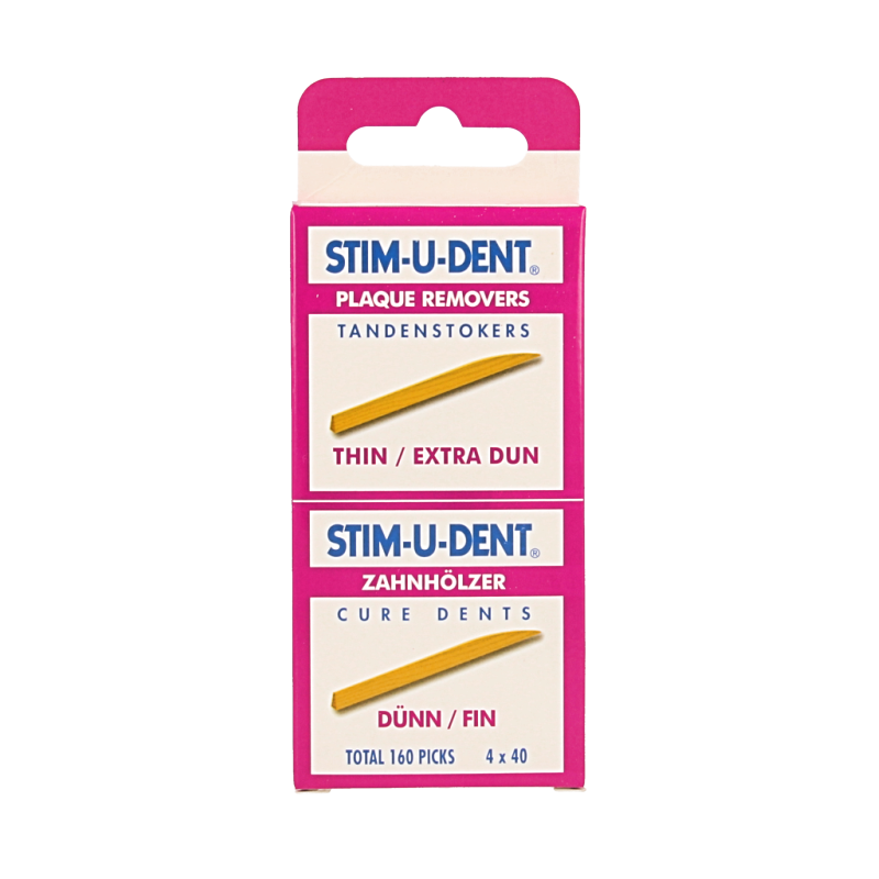Stimudent thin dental floss sticks and interdental cleaners, 4 packs of 40, totaling 160 pieces, for oral hygiene.
