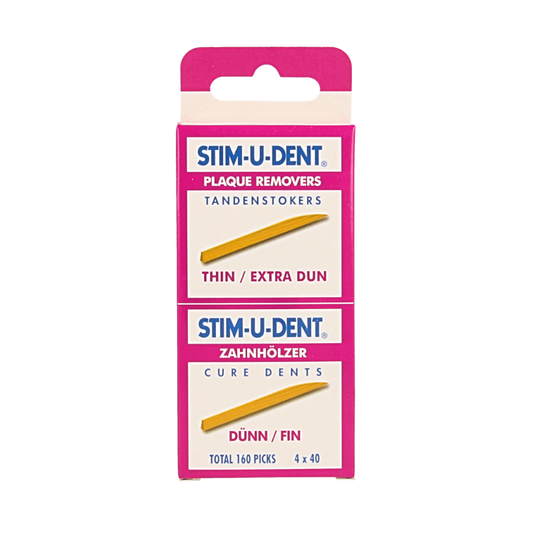 Stimudent thin dental floss sticks and interdental cleaners, 4 packs of 40, totaling 160 pieces, for oral hygiene.
