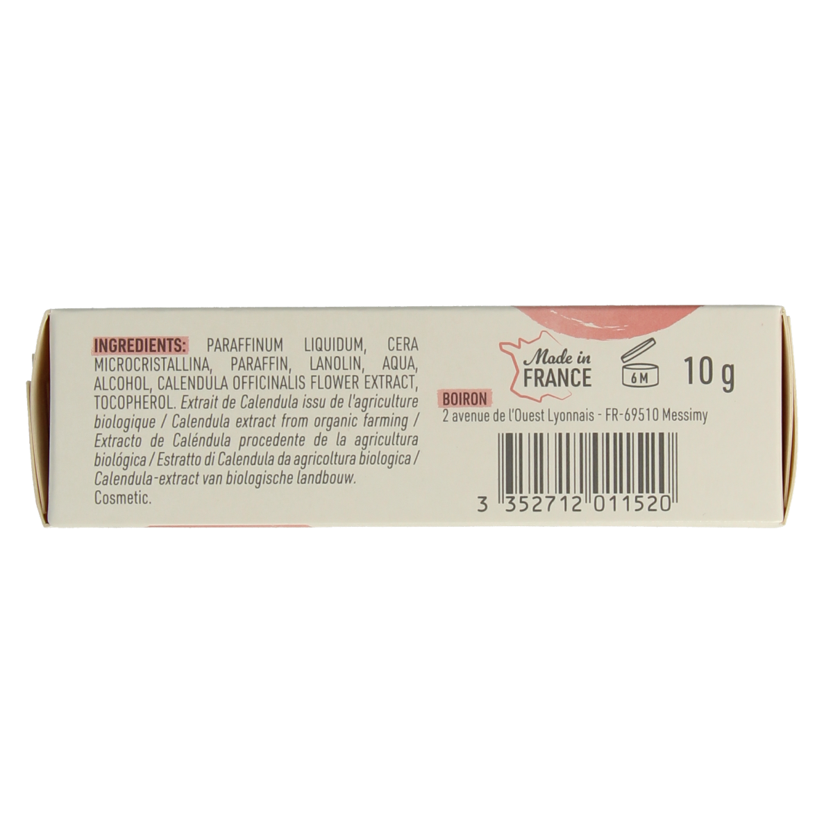Boiron Calendula lippenbalsem tube showing natural calendula-infused lip care for moisturization and soothing lips.