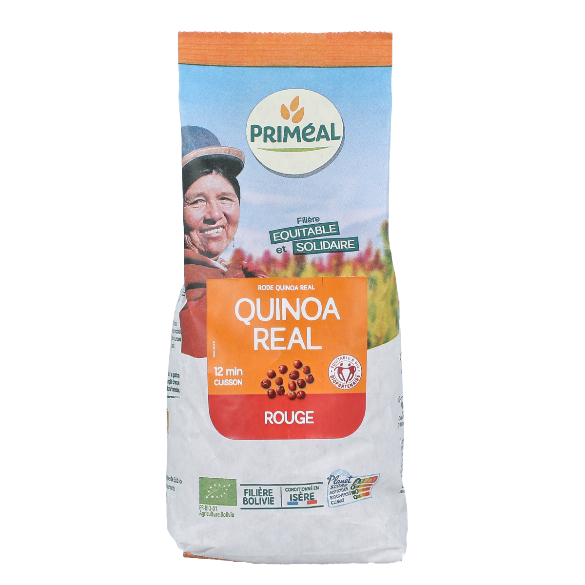 Primeal quinoa real bio pasta and rice product packaging, 500 grams, showcasing the Primeal brand and product label.