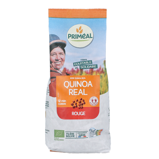Primeal quinoa real bio pasta and rice product packaging, 500 grams, showcasing the Primeal brand and product label.