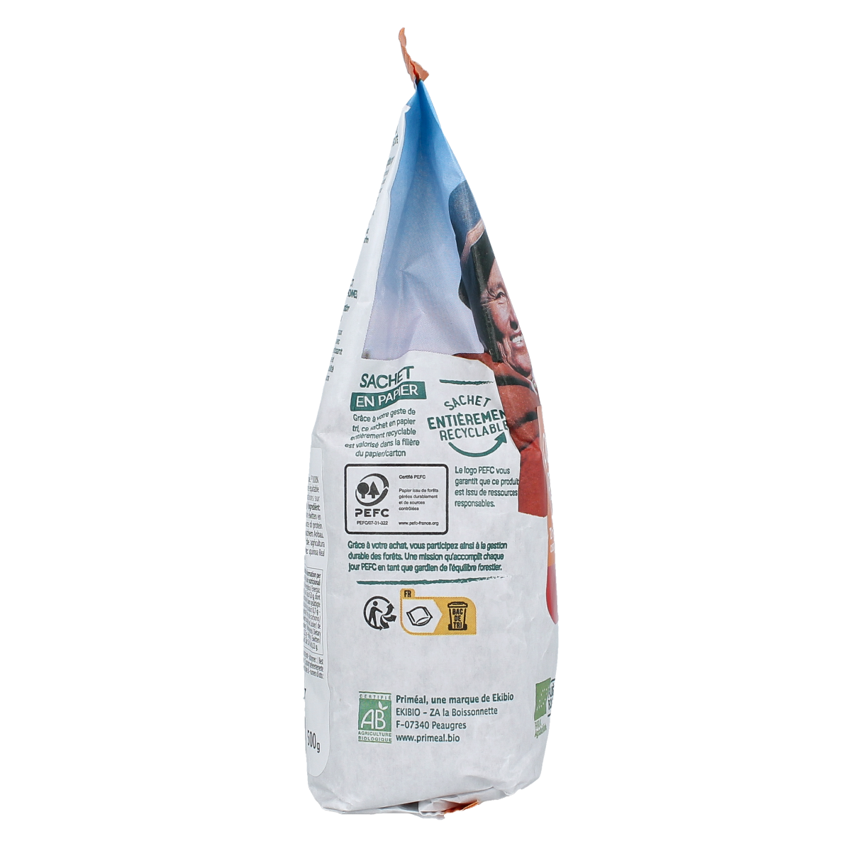 Primeal organic quinoa, 500g package, showing raw quinoa grains in a resealable bag for pasta and rice dishes.
