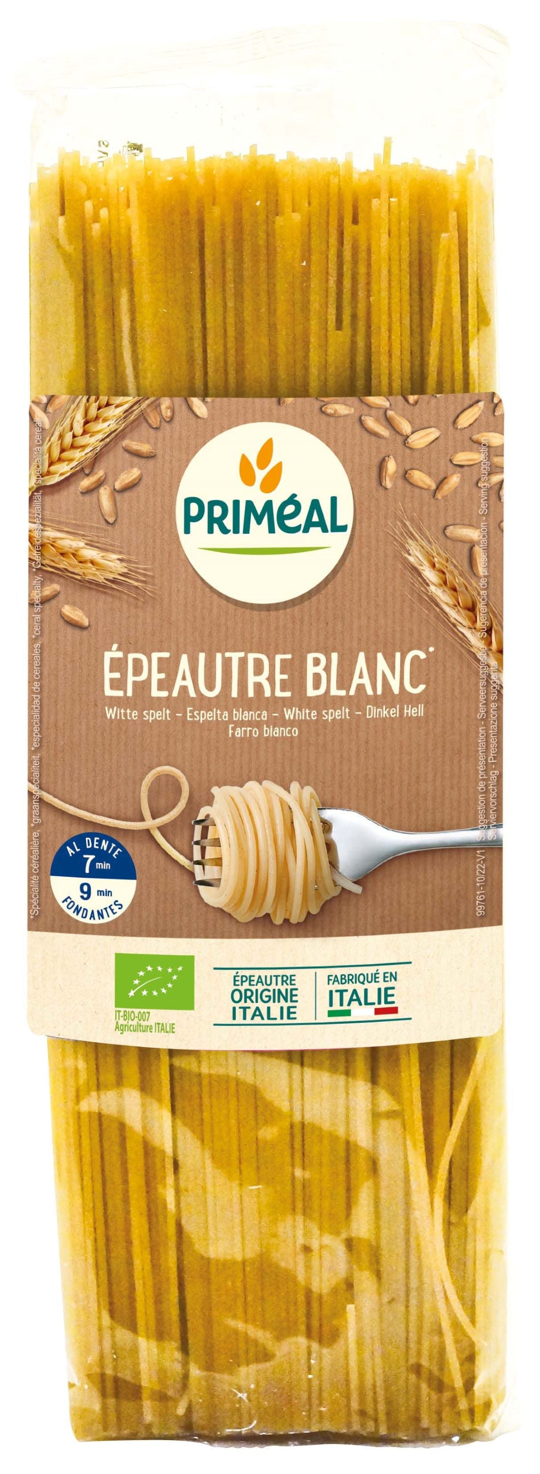 Primeal bio spelt spaghetti pasta in 500g package, showcasing long, golden spelt noodles on a white background.