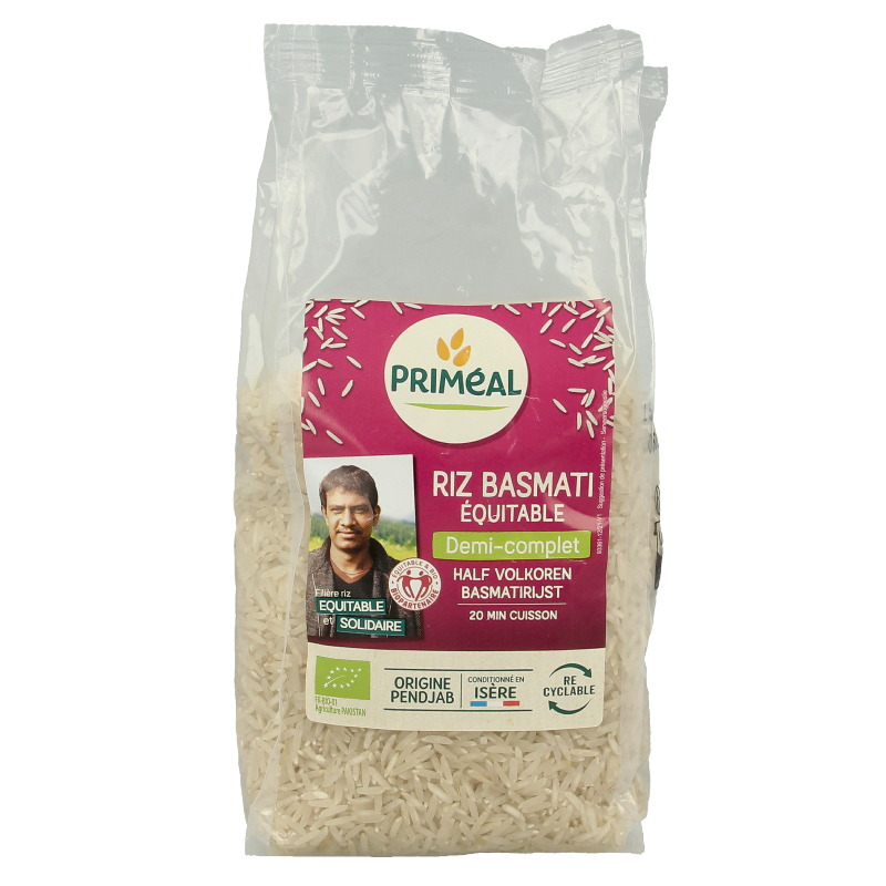 Primeal organic half-wholegrain basmati rice in 500g package, showcasing the rice grains on the front of the package.
