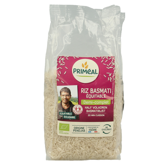 Primeal organic half-wholegrain basmati rice in 500g package, showcasing the rice grains on the front of the package.