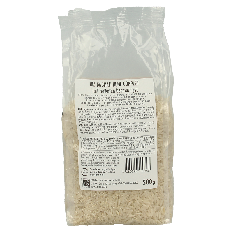 Primeal organic half-whole Basmati rice in 500g package, featuring long grains and natural appearance.