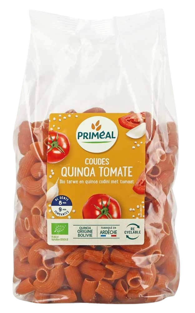 Primeal organic codini wheat quinoa pasta with tomatoes in 500g package, natural and healthy gluten-free grain product