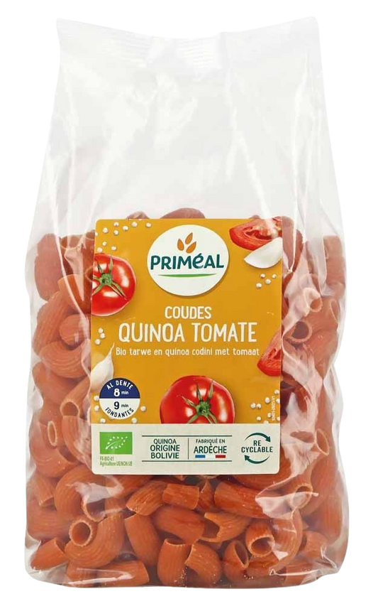 Primeal organic codini wheat quinoa pasta with tomatoes in 500g package, natural and healthy gluten-free grain product