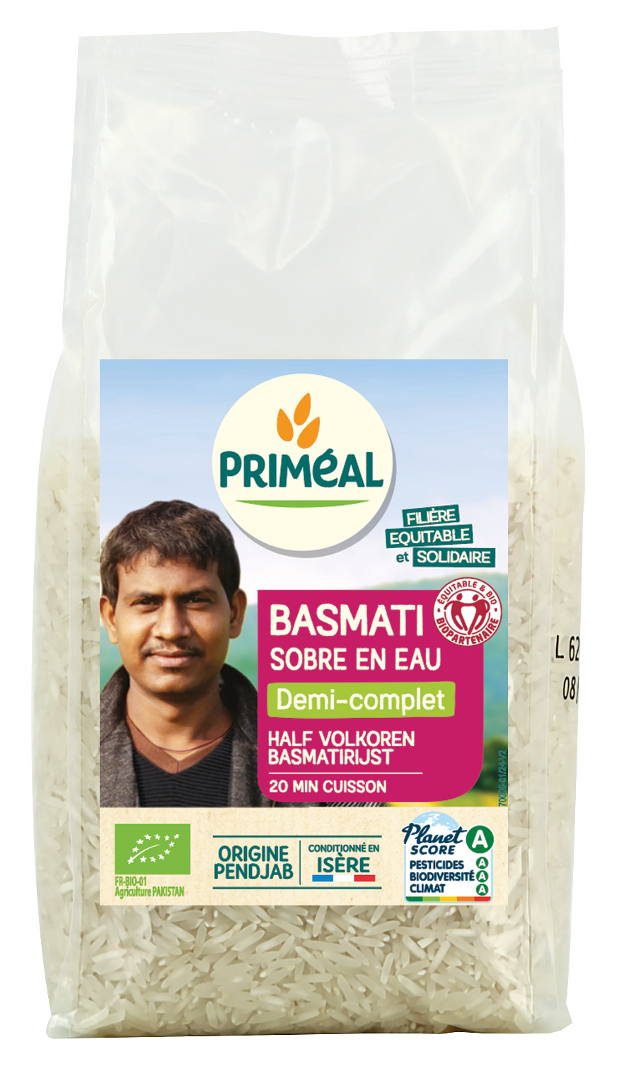 Primeal bio halfvolkoren basmati rijst in 1 kg package, showcasing the rice grains on a white background.