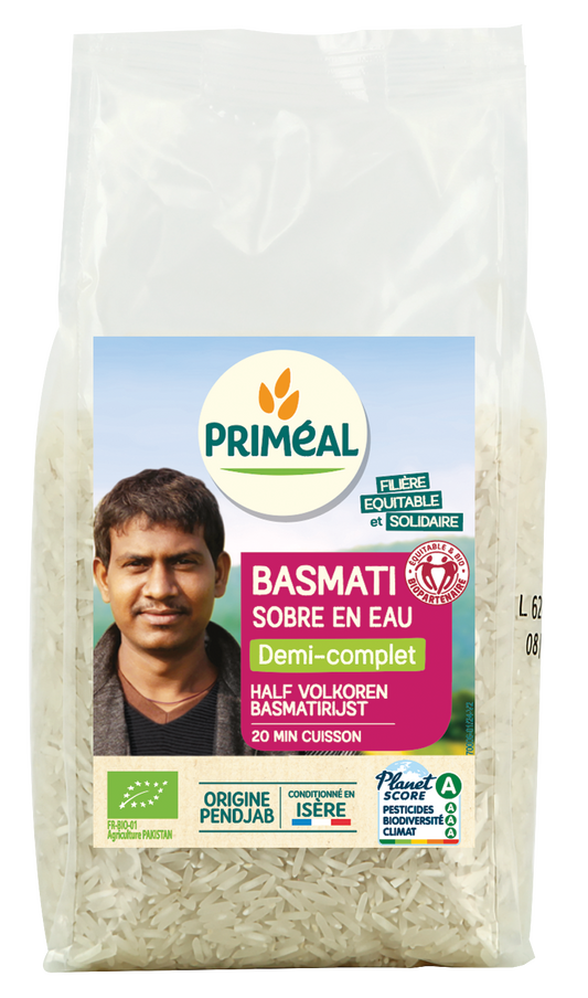 Primeal bio halfvolkoren basmati rijst in 1 kg package, showcasing the rice grains on a white background.