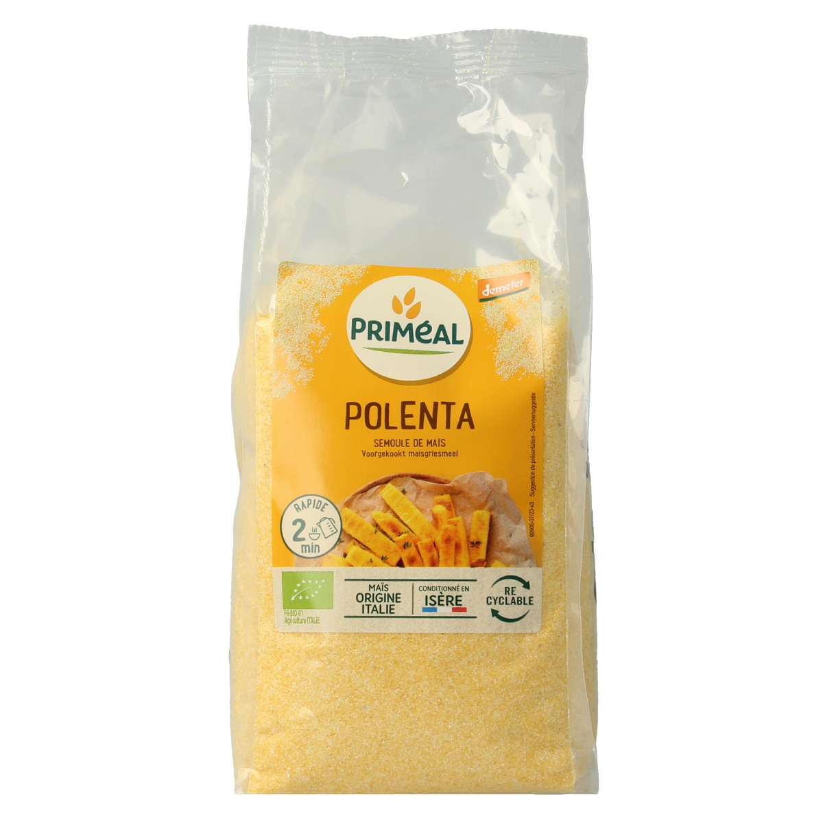 Primeal bio pre-cooked polenta made from maize grits, 500g, displayed in a bag suitable for baking and cooking.