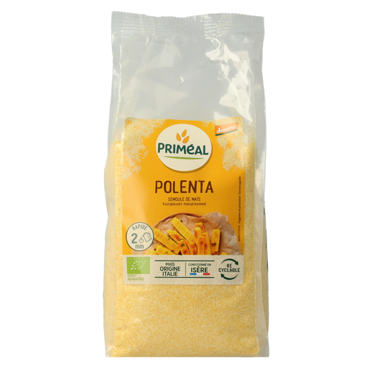 Primeal bio pre-cooked polenta made from maize grits, 500g, displayed in a bag suitable for baking and cooking.