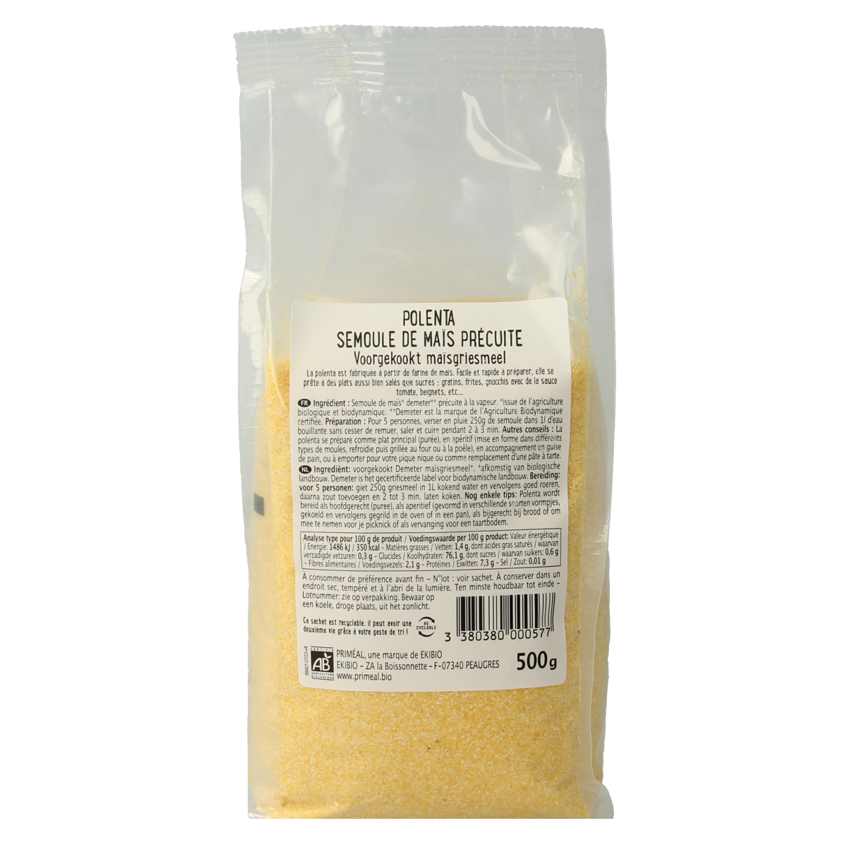 Primeal bio pre-cooked cornmeal polenta in 500g package, natural baking mix and flour for cooking and baking.