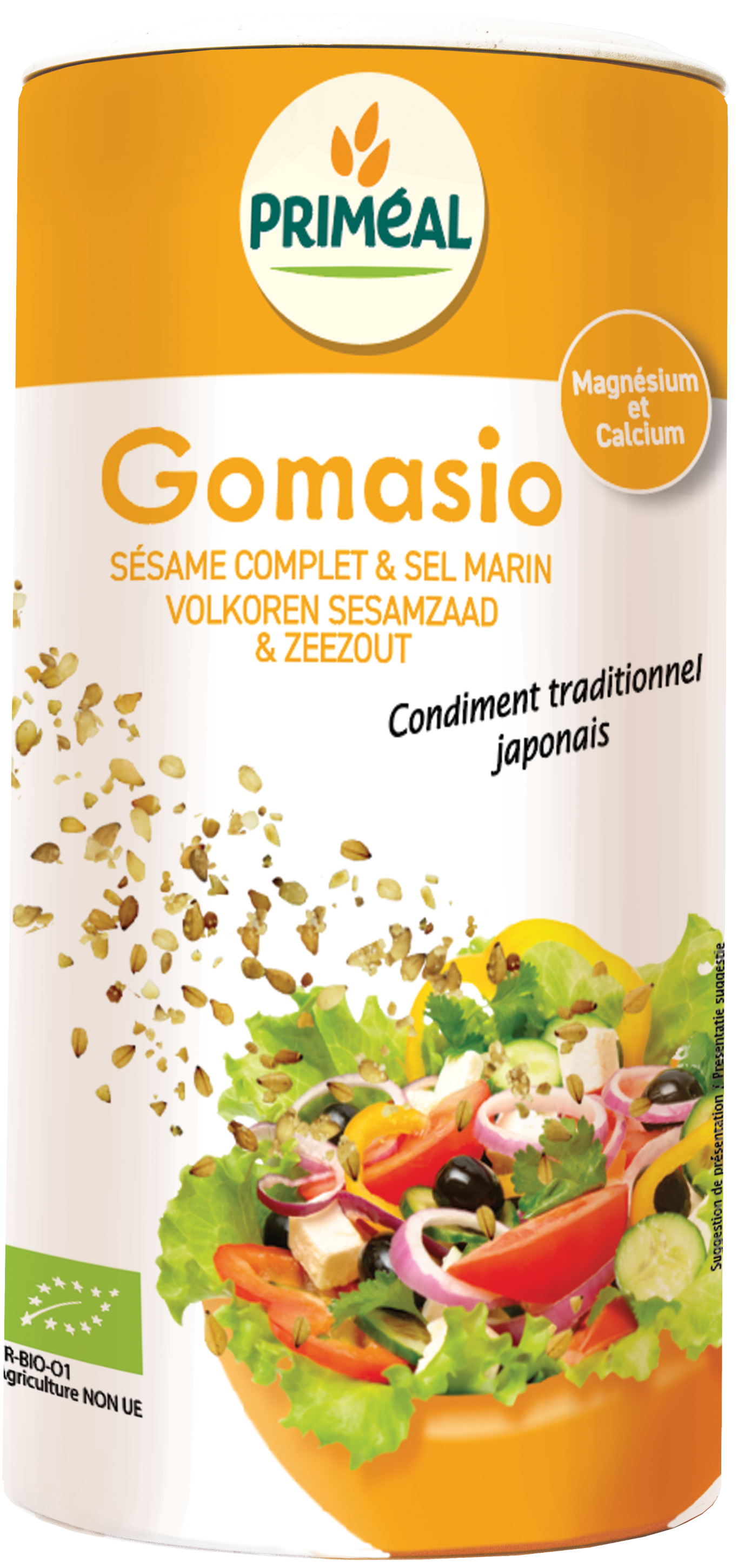 Organic Primeal Gomasio salt and herb mix in a 250g package, featuring sesame seeds and sea salt.