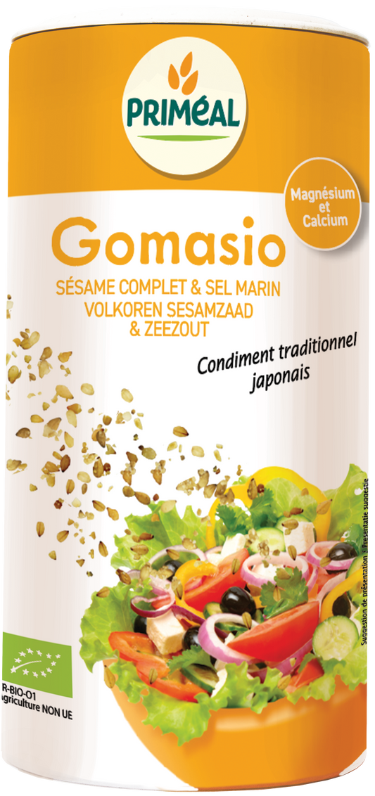 Organic Primeal Gomasio salt and herb mix in a 250g package, featuring sesame seeds and sea salt.