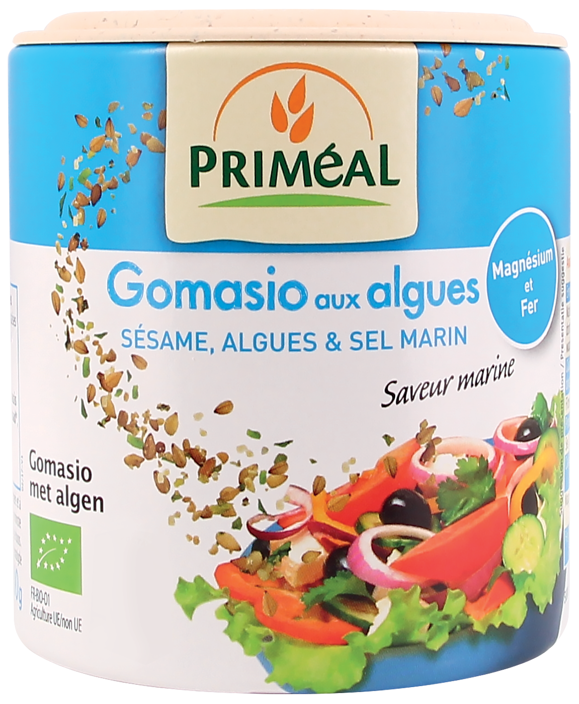 Primeal Gomasio with organic algae, 100g, a seasoned salt blend with herbs and seaweed for flavorful meals.