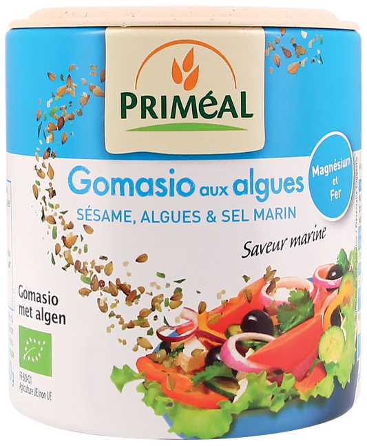 Primeal Gomasio with organic algae, 100g, a seasoned salt blend with herbs and seaweed for flavorful meals.