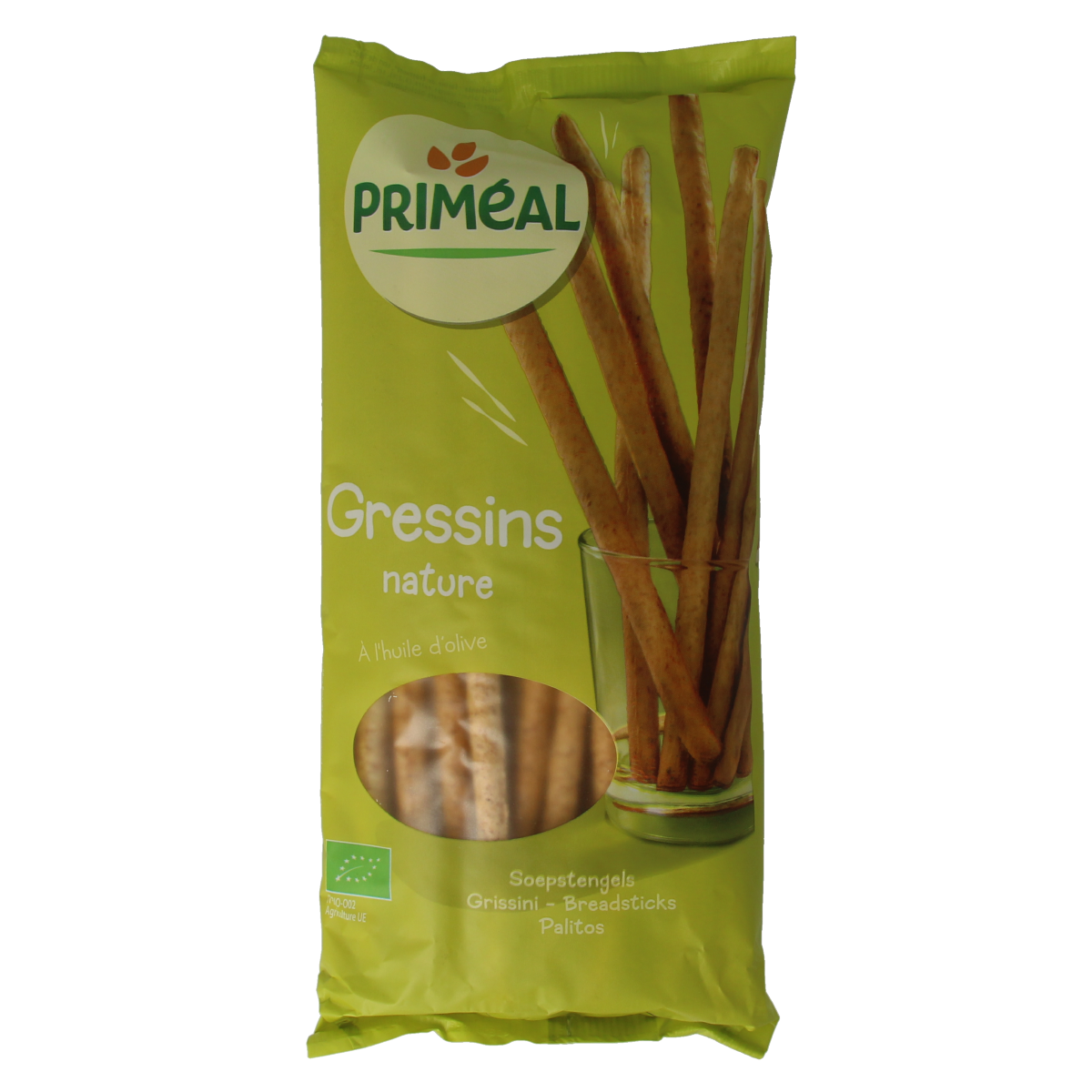 Primeal bio soepstengels, 120g, packaged crackers and breadsticks in clear packaging with branding visible.