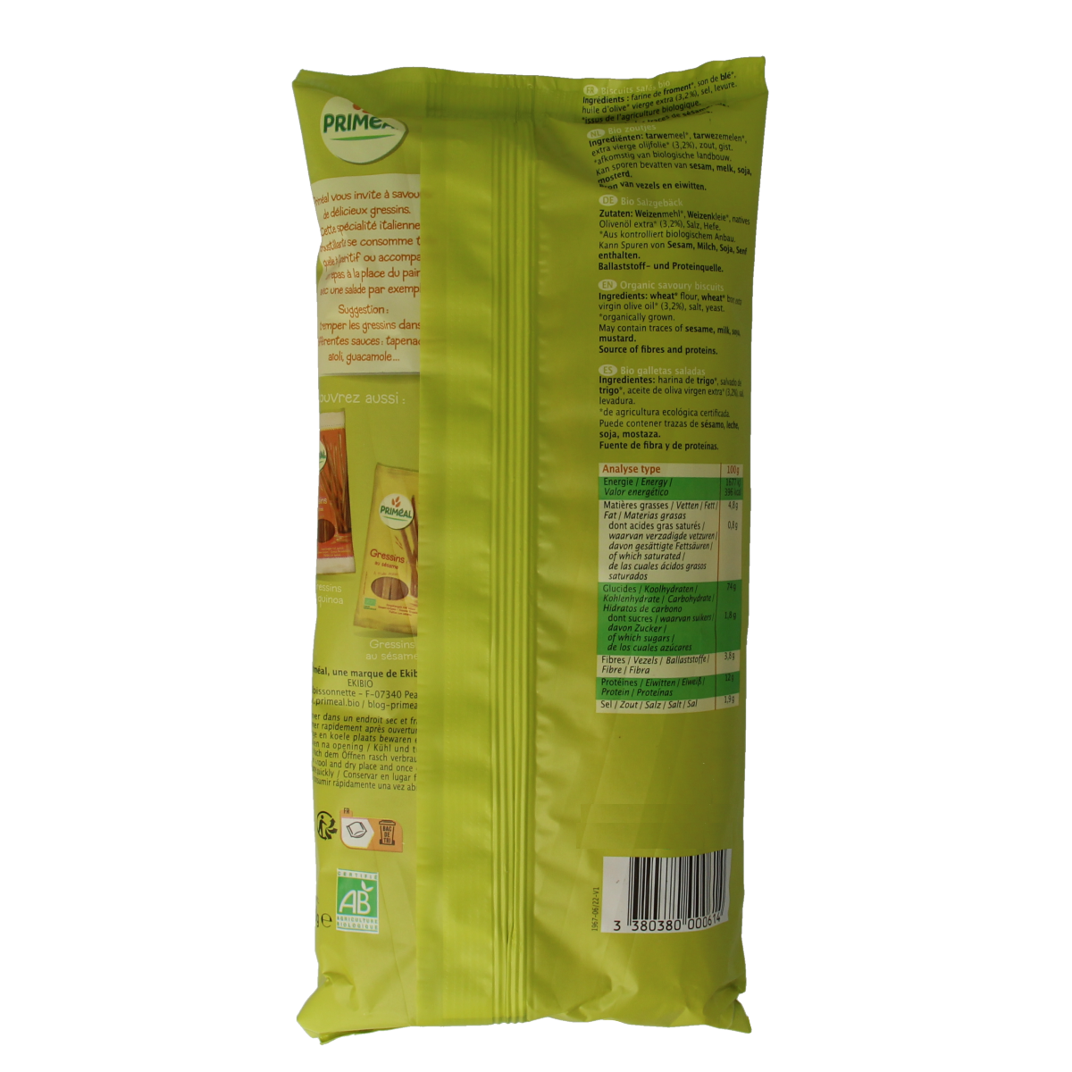 Primeal bio soepstengels, 120g, crispy whole grain breadsticks and crackers with natural ingredients, ideal for snacks or appetizers.