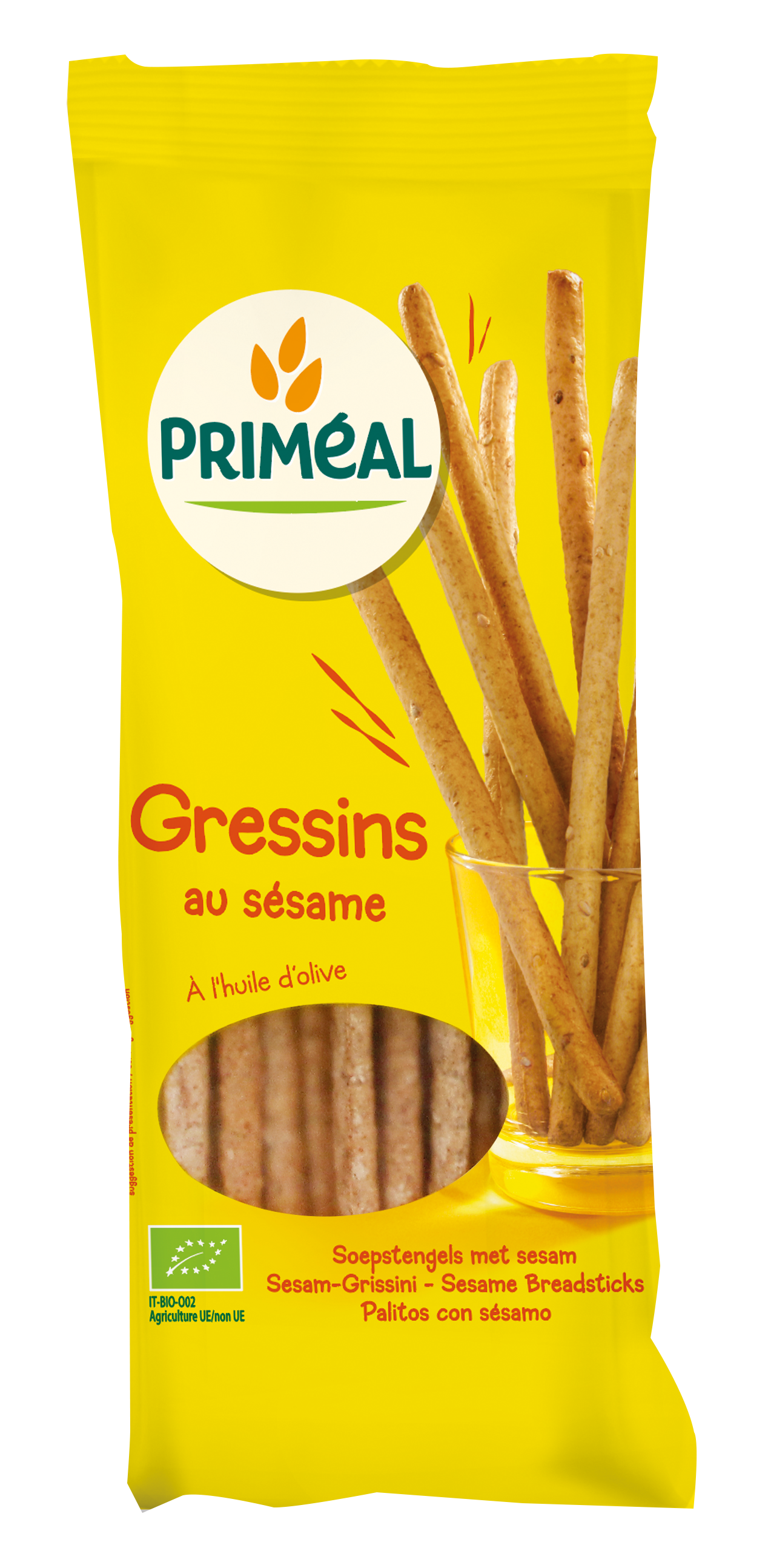 Primeal organic sesame soup sticks, 120g, in a clear package, showing crispy sesame seed crackers from Primeal brand.