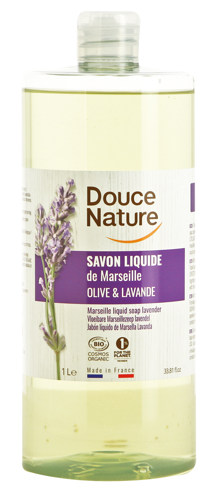 Douce Nature Zeep Marseille vloeibare lavendel bio in 1 liter bottle, natural organic lavender liquid soap.