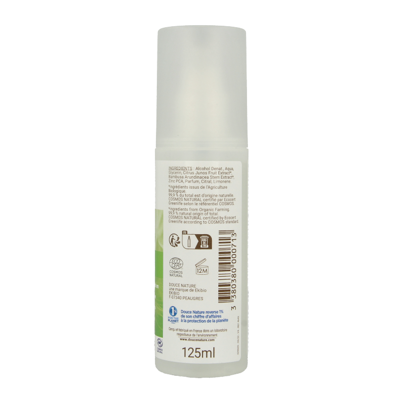 Douce Nature bio deodorant spray in 125ml bottle, natural deodorant with fresh scent, suitable for daily use.