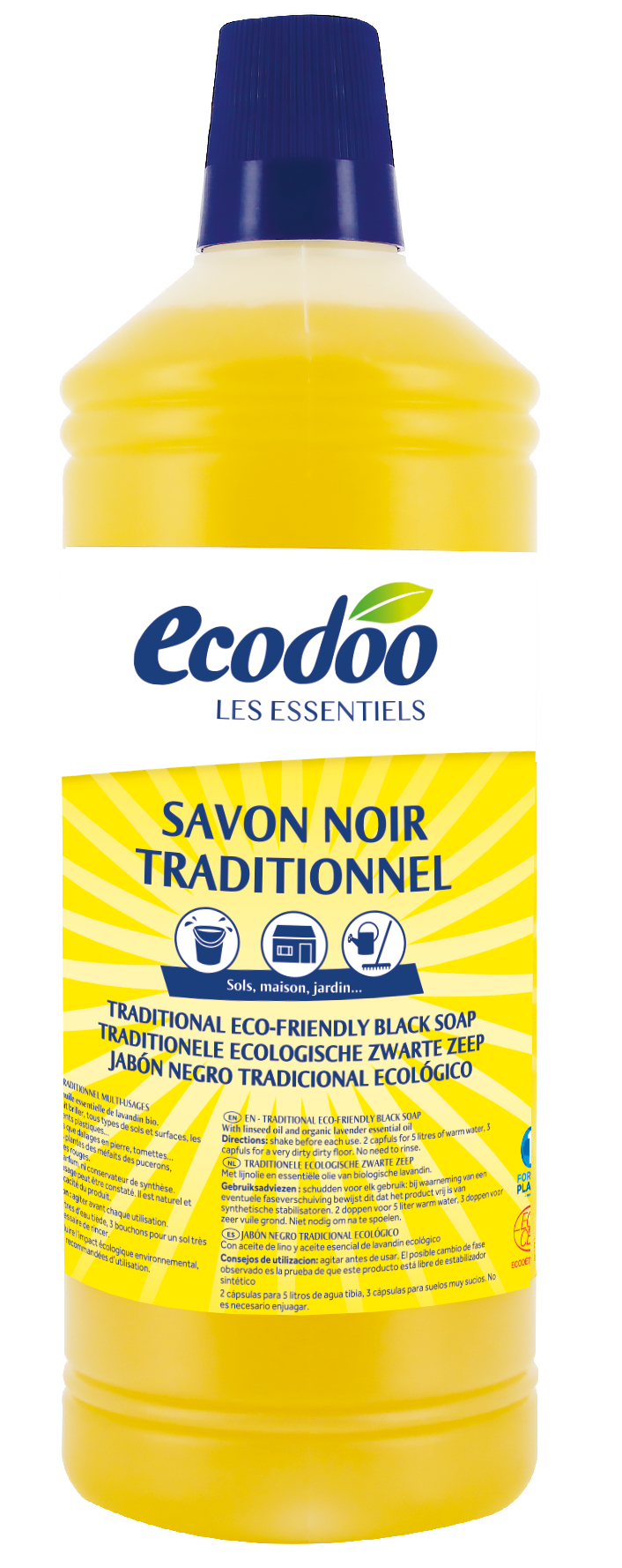 Ecodoo Zwarte Zeep eco 1.00 liter, eco-friendly cleaning soap in a plastic bottle, suitable for household cleaning.