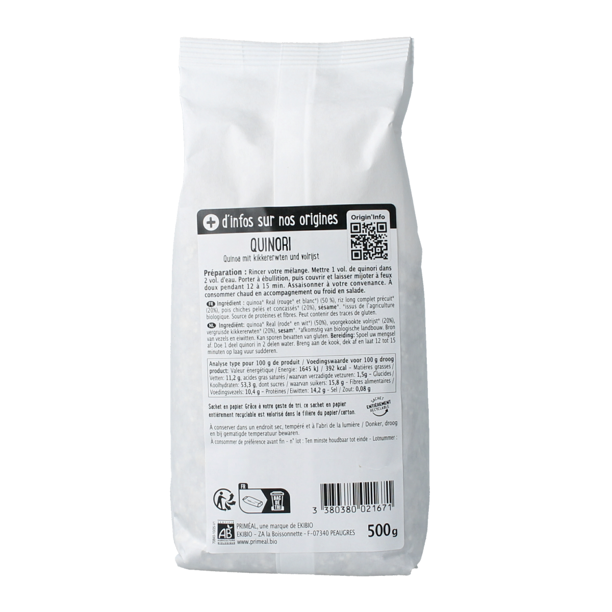 Primeal Quinori bio kruiden en zoutmix in 500g verpakking, featuring a blend of organic herbs and seasonings for cooking.