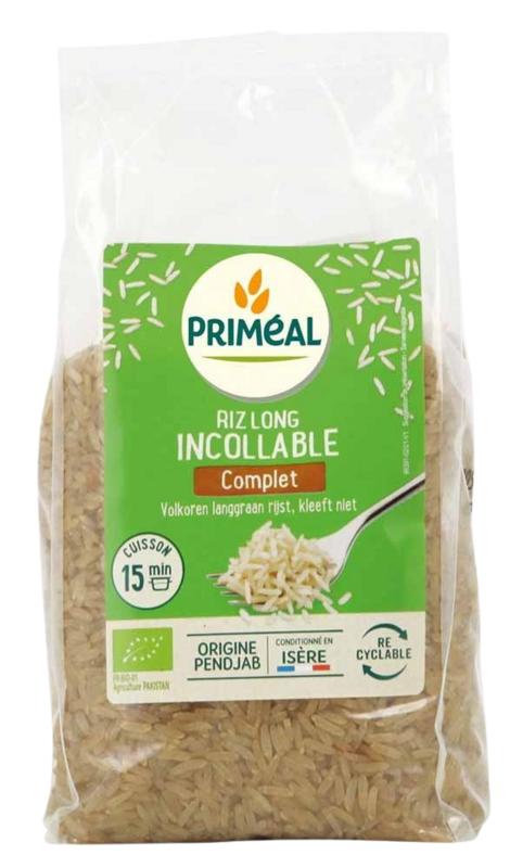 Primeal organic whole grain long rice, cooked and ready to eat, shown in a 500g package.