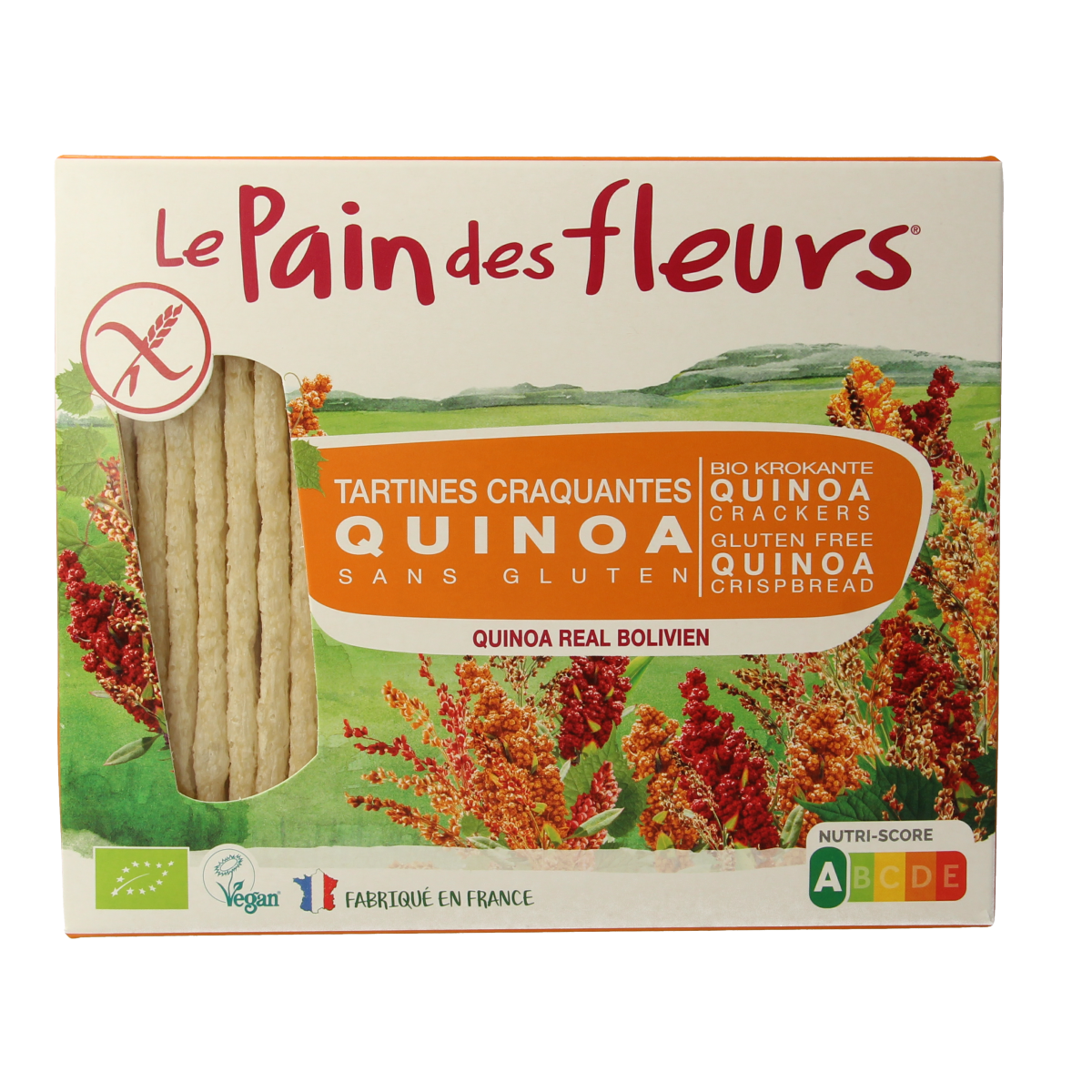 Pain Des Fleurs gluten-free quinoa crackers, crispy organic bread and crackers, 150g package, displayed in a natural setting.