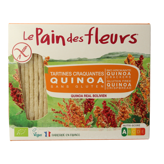 Pain Des Fleurs gluten-free quinoa crackers, crispy organic bread and crackers, 150g package, displayed in a natural setting.