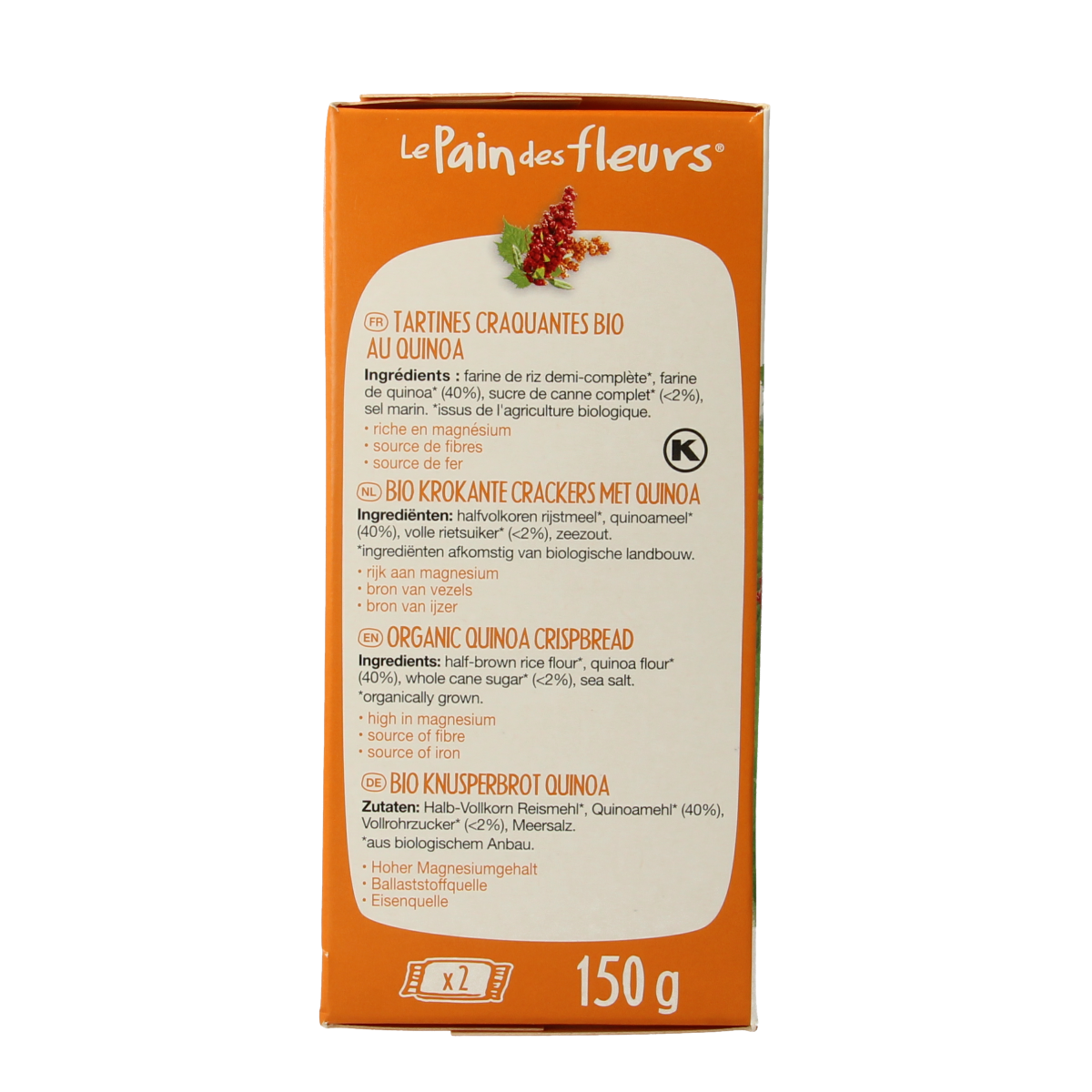Pain Des Fleurs gluten-free quinoa crackers, crispy and organic, 150g packaging, displayed on a wooden surface.