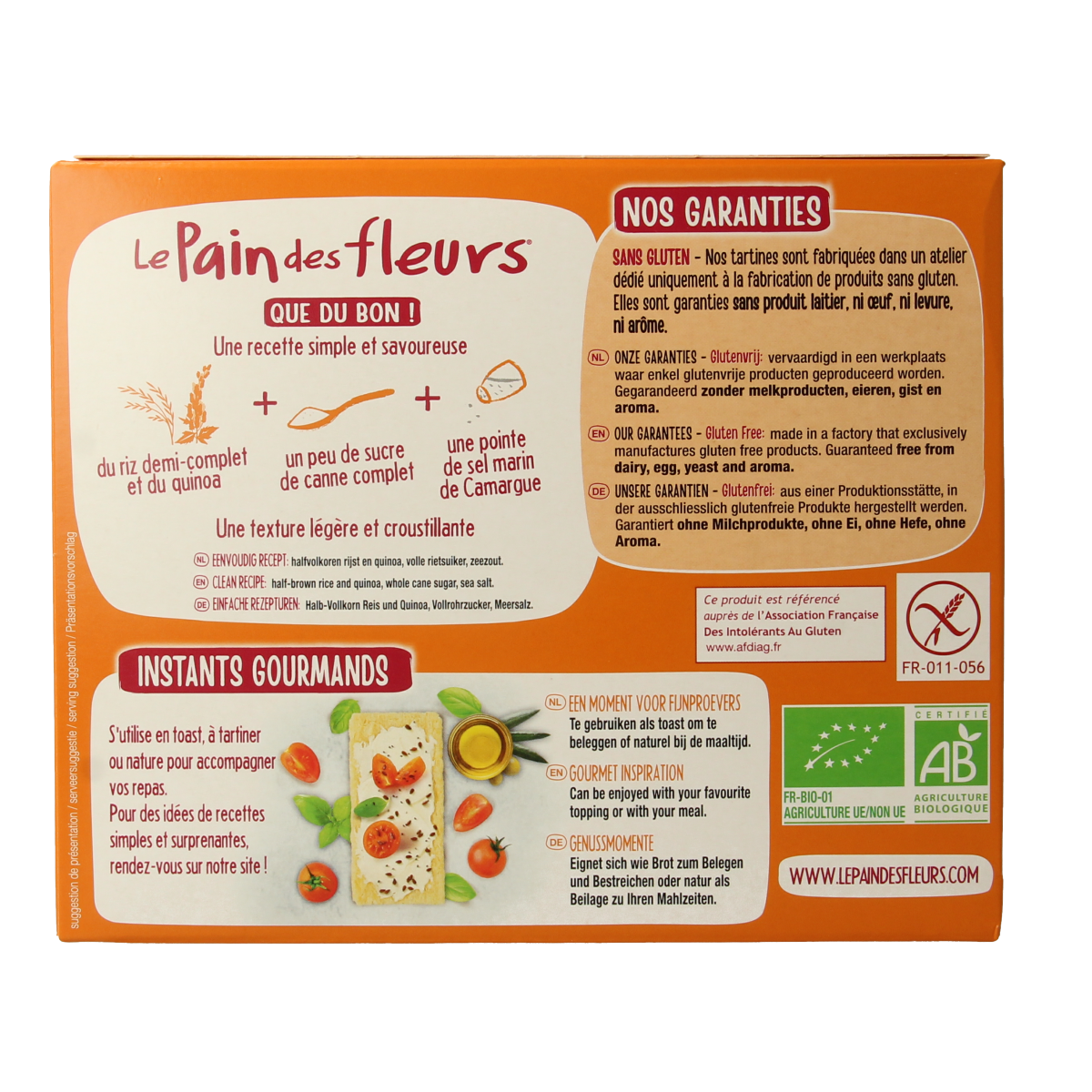 Pain Des Fleurs gluten-free quinoa crackers in a 150g package, crispy and golden, ideal for snacking or with toppings.