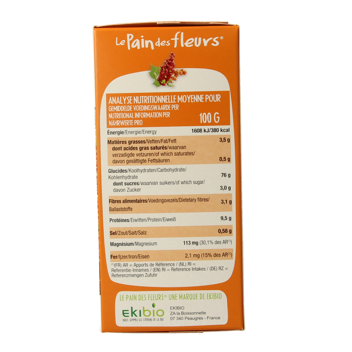 Pain Des Fleurs gluten-free quinoa crackers in a 150g package, crispy and organic, ideal for snacks or cheese boards.