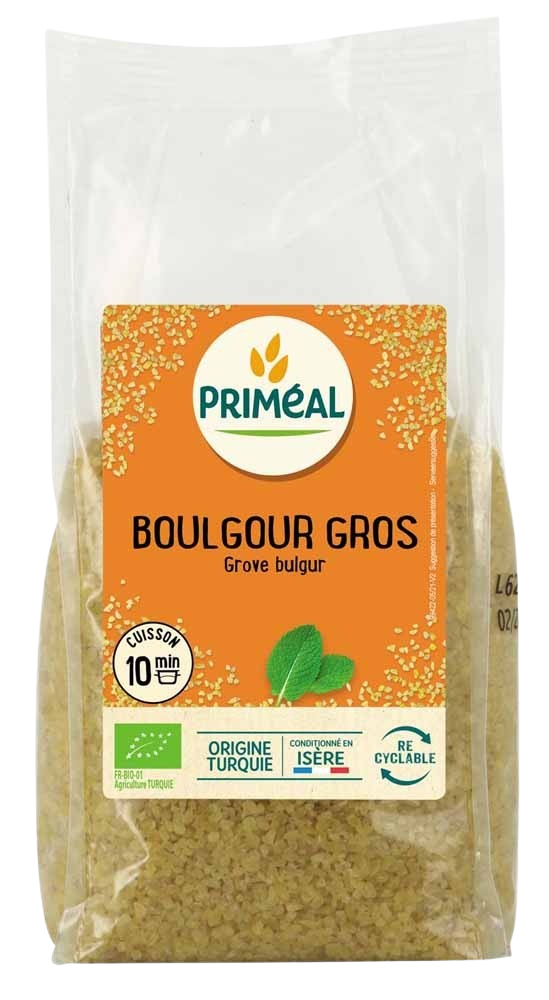 Primeal organic bulgur in a 500g package, traditional whole grain pasta and rice product, shown in the image