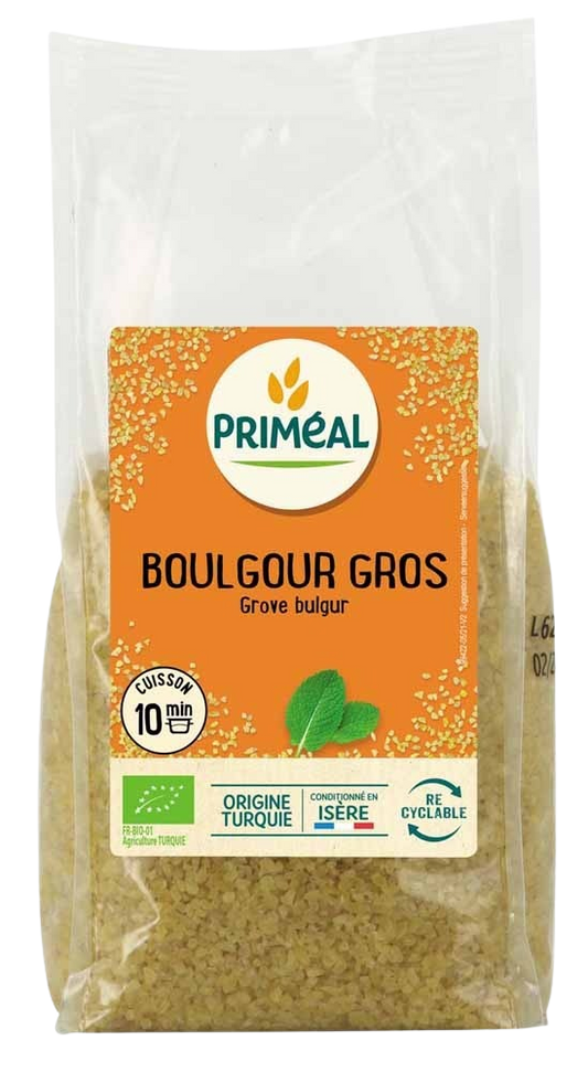 Primeal organic bulgur in a 500g package, traditional whole grain pasta and rice product, shown in the image