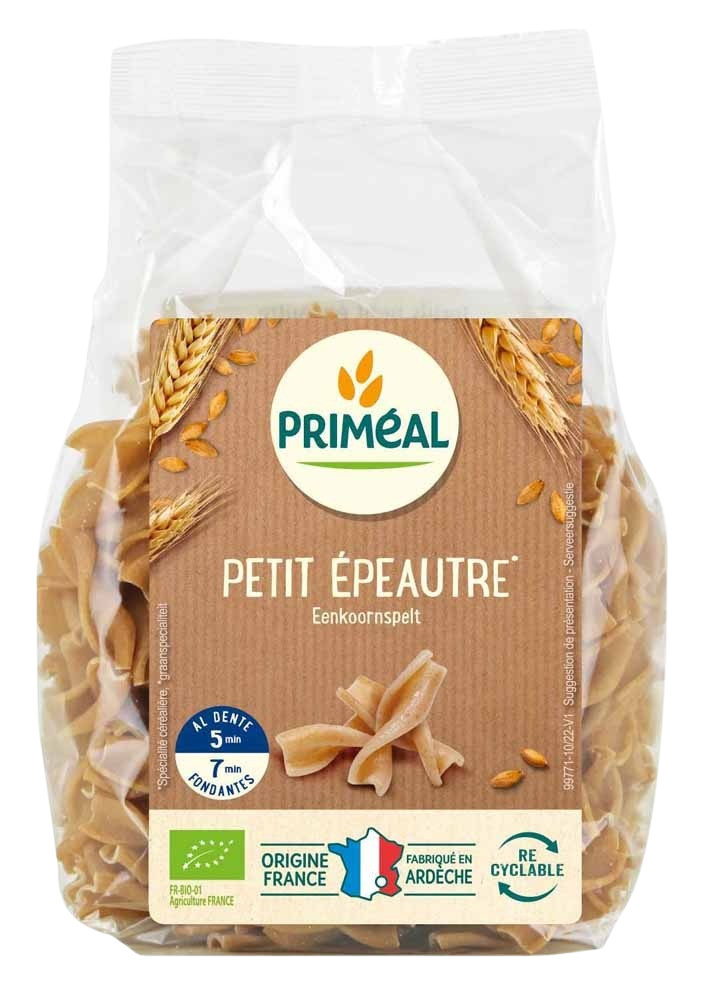 Primeal bio spelt fusilli pasta in 250g package, showing curly whole grain pasta made from einkorn wheat.