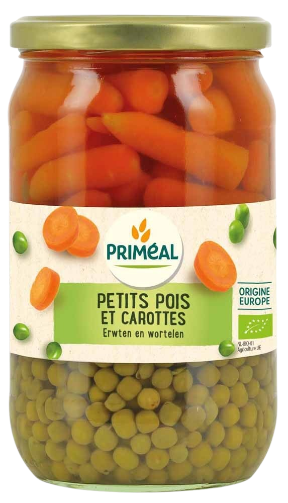 Primeal organic frozen peas and carrots in 660g package, fresh vegetables for cooking and healthy meals.