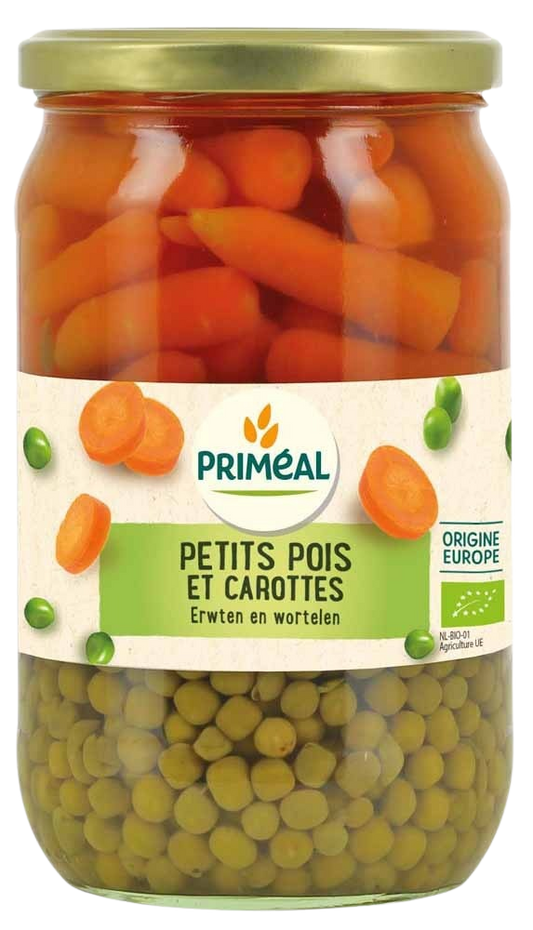 Primeal organic frozen peas and carrots in 660g package, fresh vegetables for cooking and healthy meals.