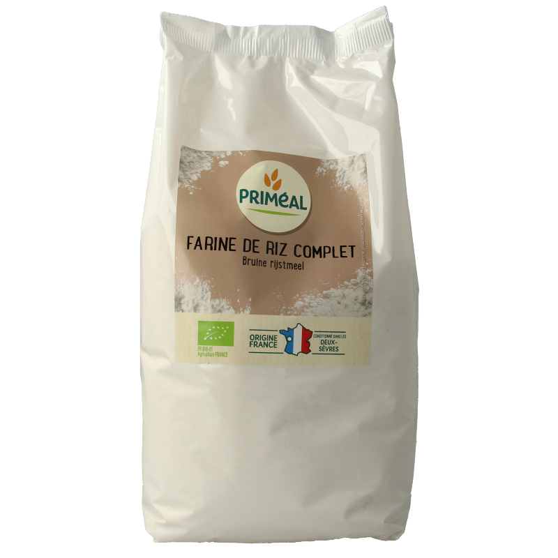 Primeal volkoren bruin rijstmeel in 1 kg bag, organic brown rice flour for baking and cooking.
