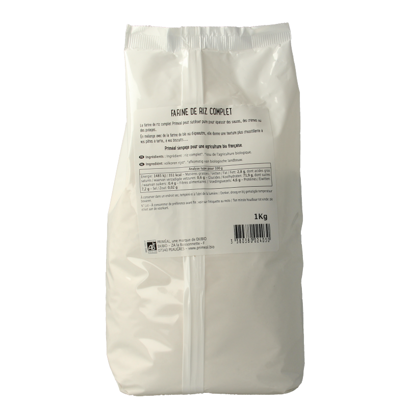 Primeal volkoren bruin rijstmeel bio in 1 kg package, natural brown rice flour for baking and cooking.