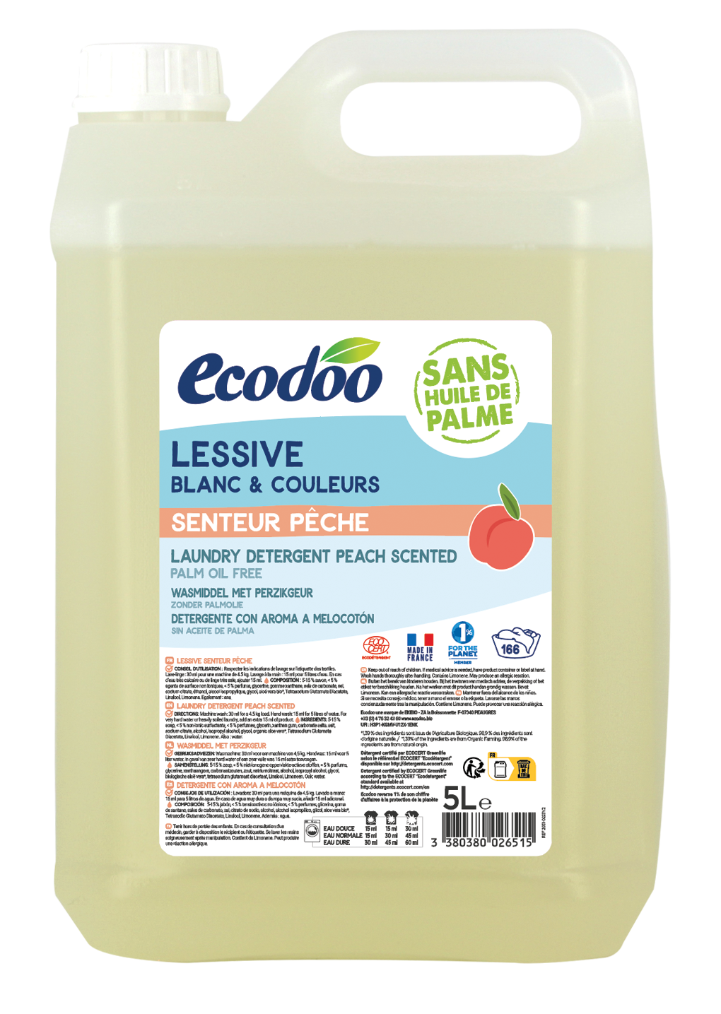 Ecodoo concentrated bio peach laundry detergent in a 5-liter bottle, eco-friendly wasmiddelen with natural fruit scent